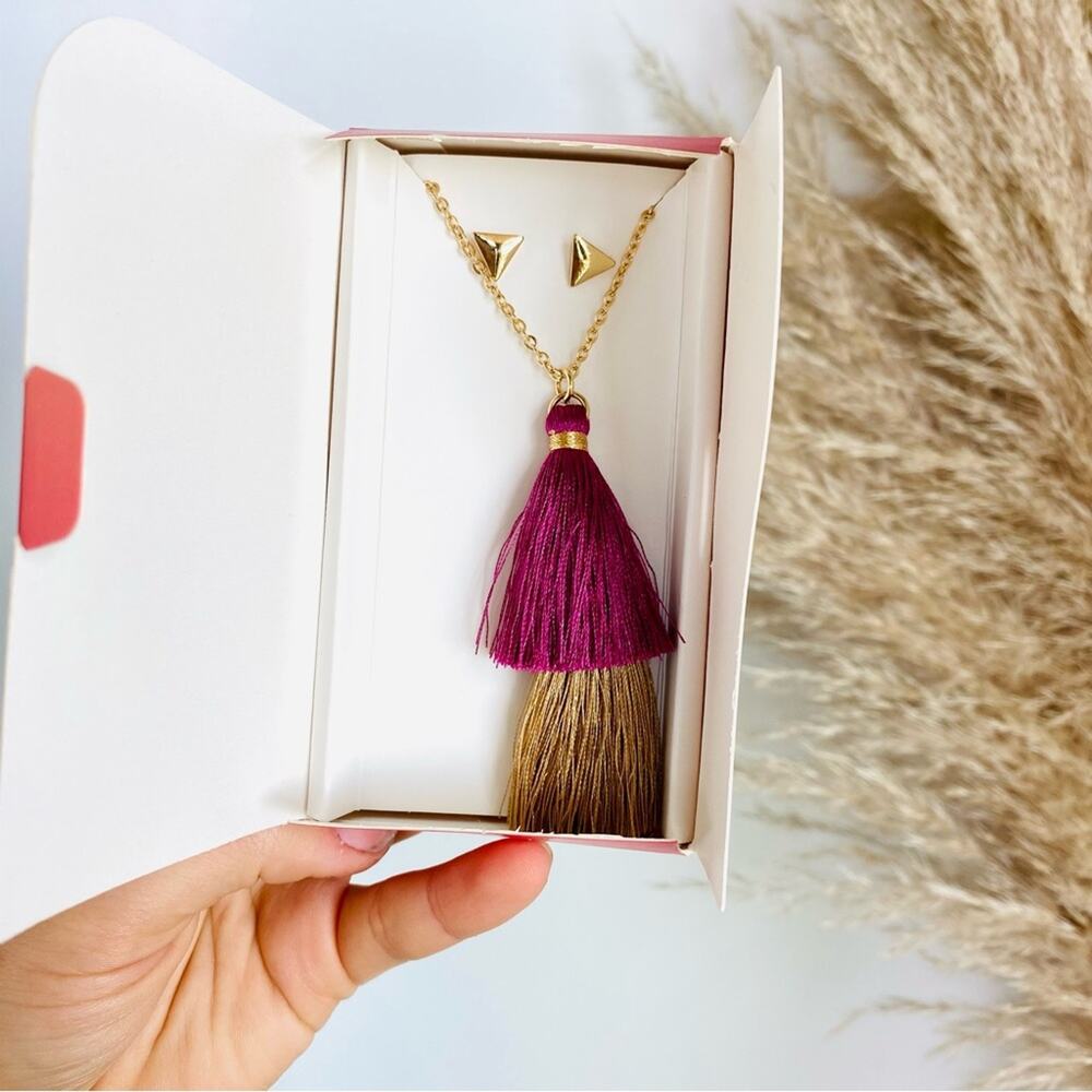 NEW ANTHROPOLOGIE LILY SKY Pink Gold Tassel Necklace Geo Stud Post Earrings Set